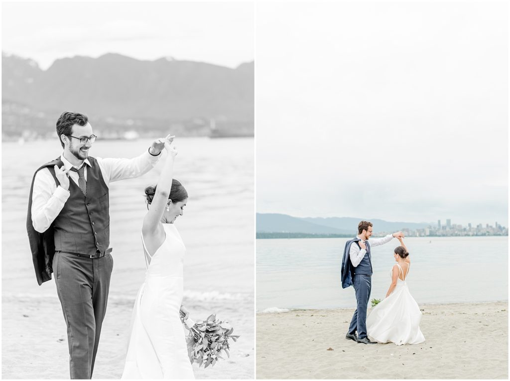 Burnaby Vancouver Wedding Bride and Groom dancing on the beach at Spanish Banks