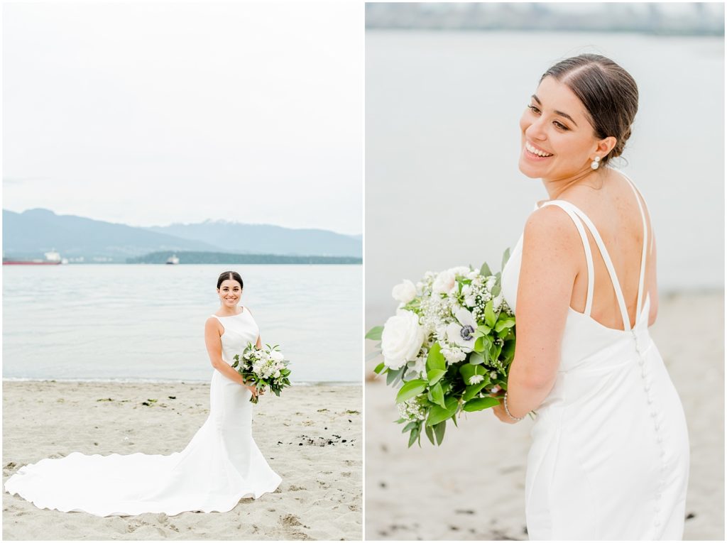 Burnaby Vancouver Wedding Bride laughing at the groom, standing on the beach