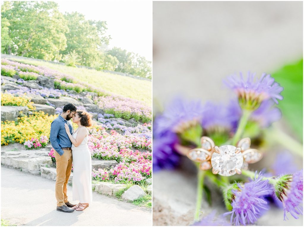 Sam Lawrence Park Hamilton Engagement Session couple nuzzling in front of flower hill and closeup of ring on flowers