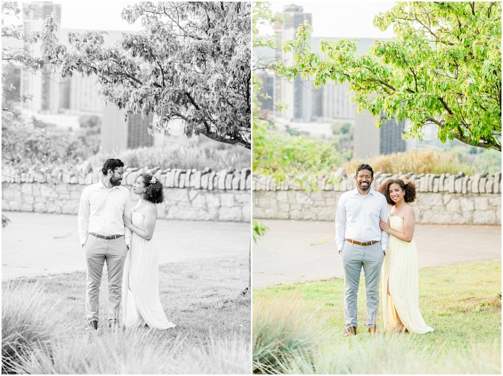 Sam Lawrence Park Hamilton Engagement Session couple hugging under trees with city behind them