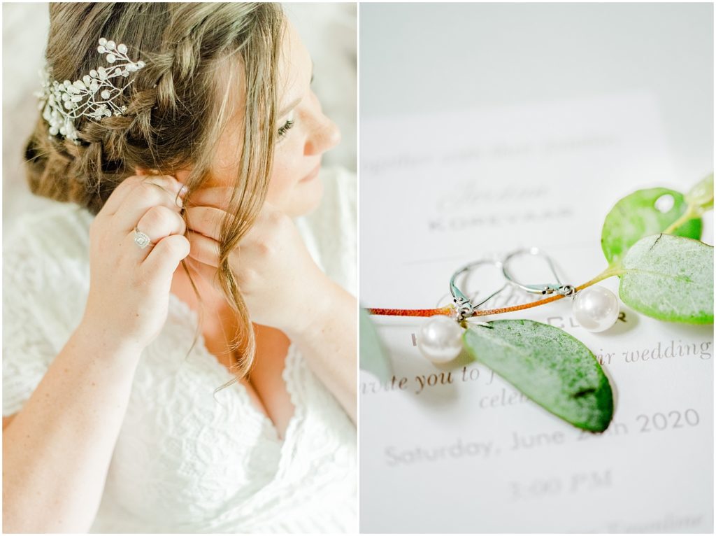 Princeton backyard wedding bride putting on her earrings