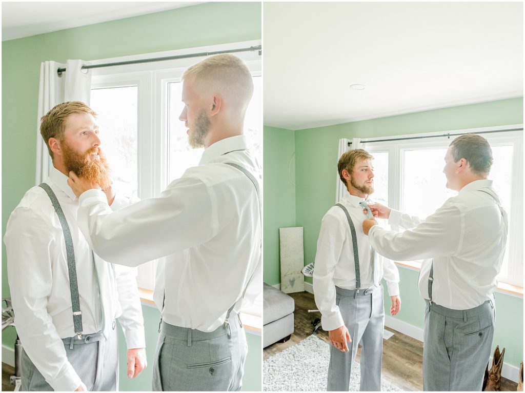 Princeton backyard wedding groomsmen finish getting dressed