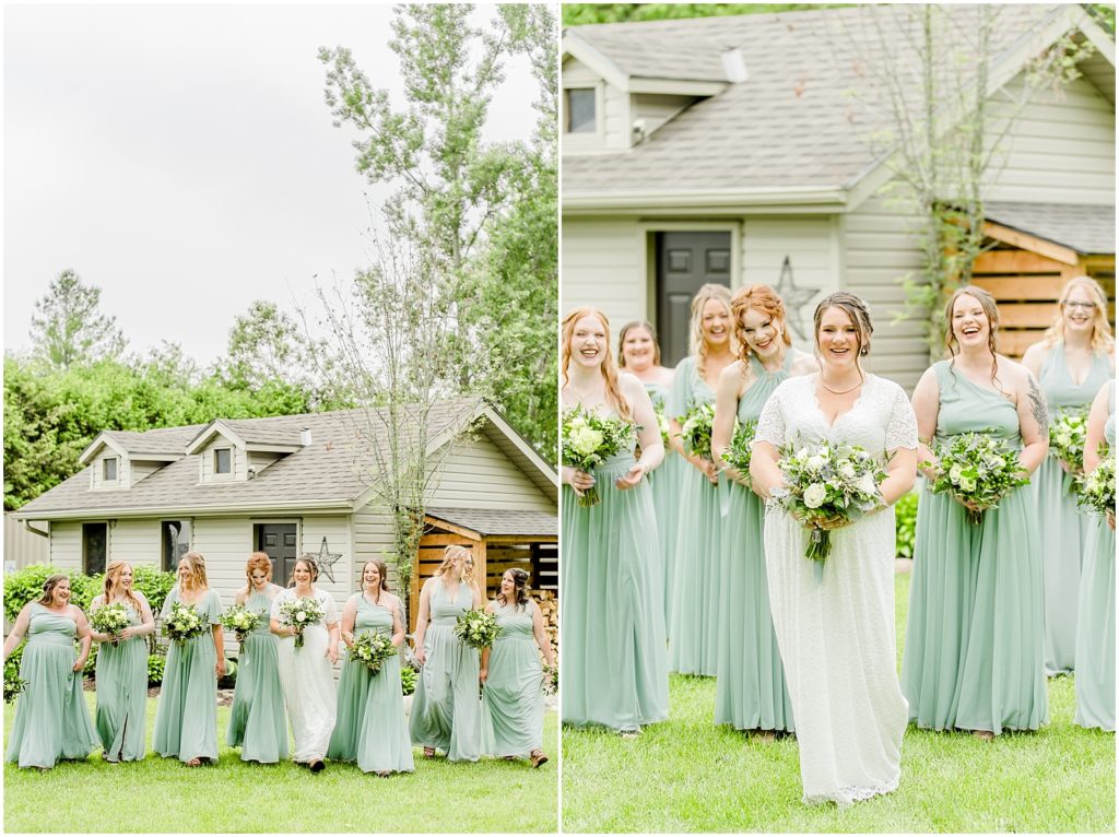 Princeton backyard wedding bride and bridesmaids laughing and walking together