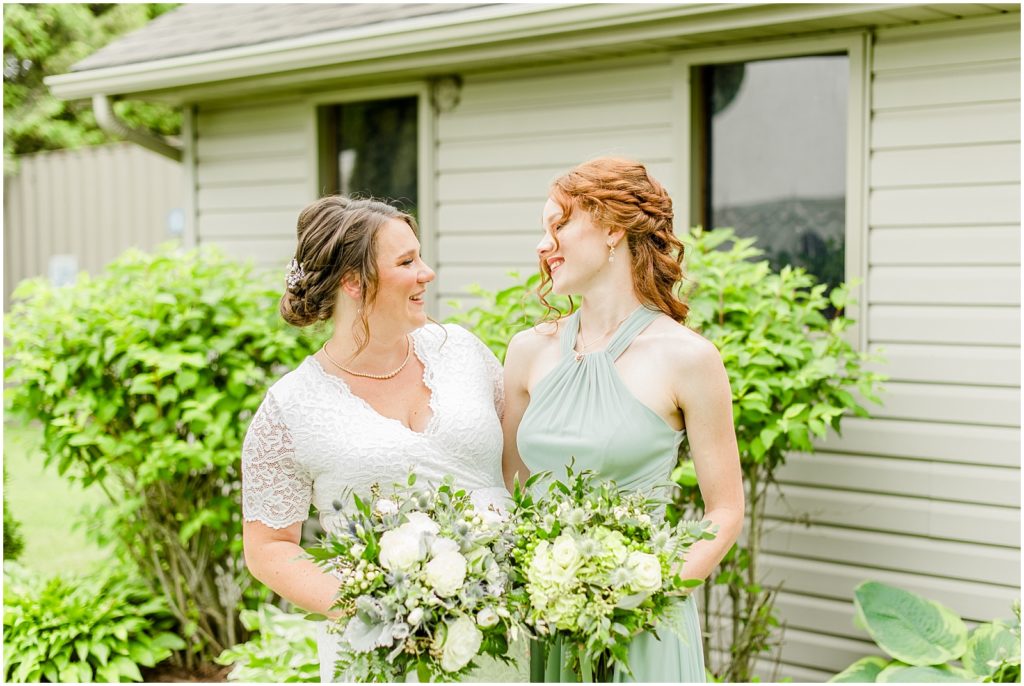 Princeton backyard wedding bride with bridesmaid portraits