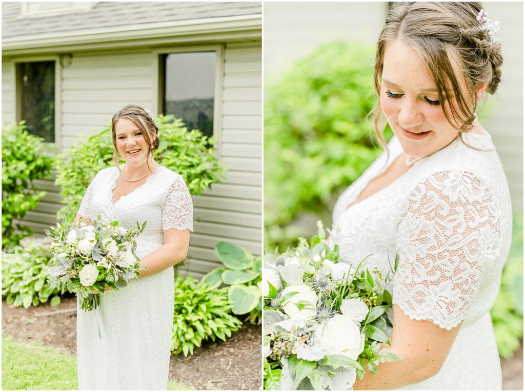 Princeton backyard wedding bride looking at the camera and down at her bouquet