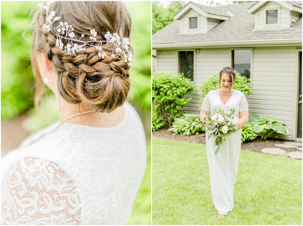 Princeton backyard wedding portrait of bride walking and closeup of her hair