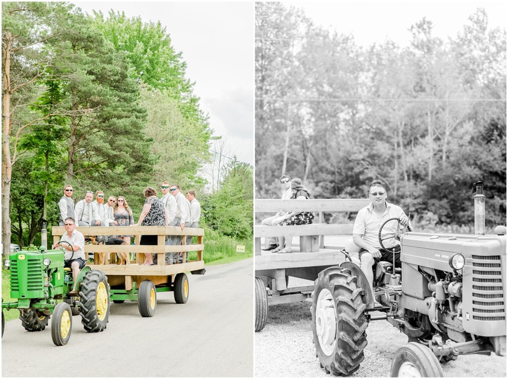 Princeton backyard wedding guests arriving at ceremony by tractor and wagon