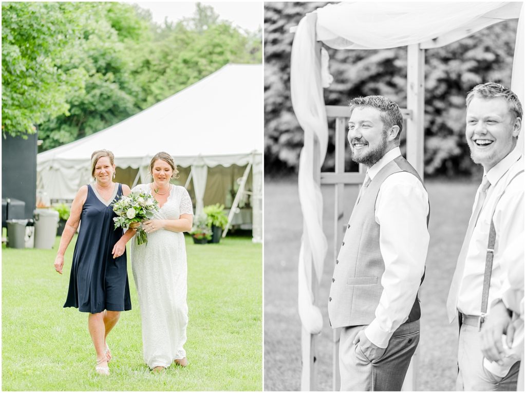 Princeton backyard wedding bride being walked up by her mom, groom with big smile on his face