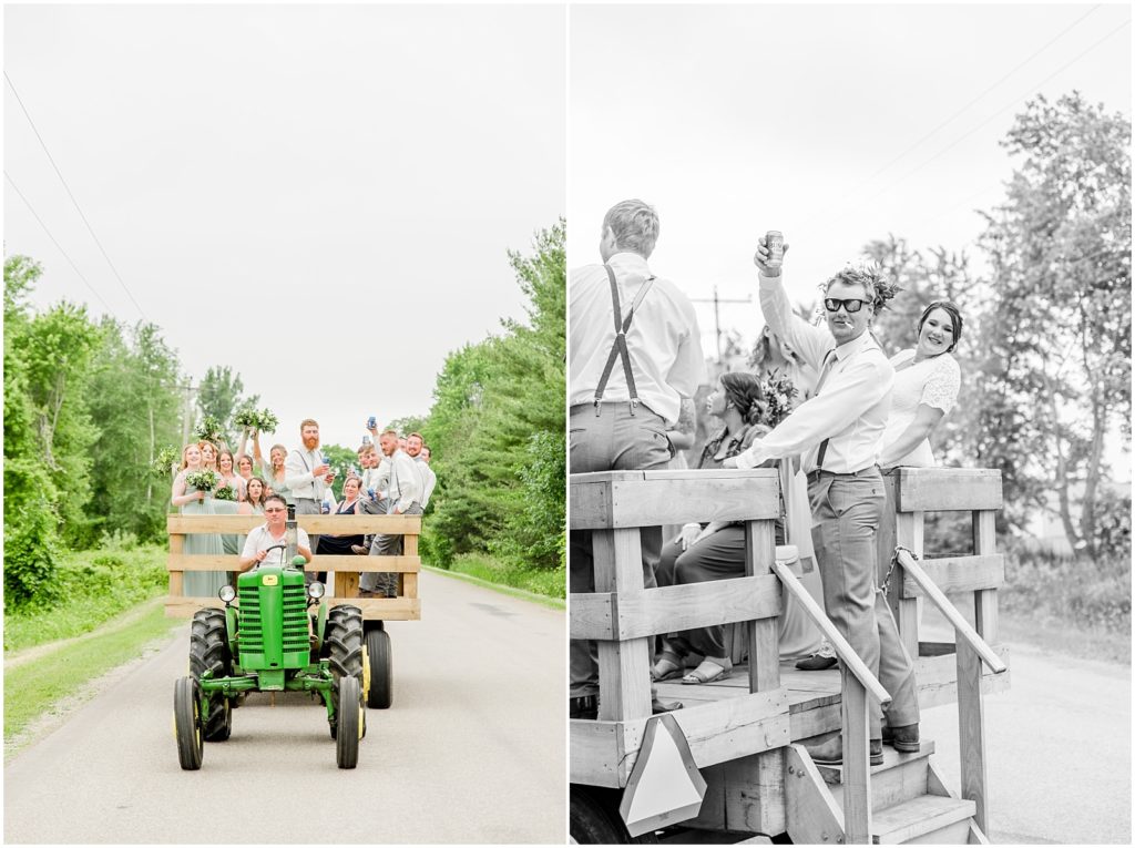 Princeton backyard wedding bridal party on the back of a tractor wagon