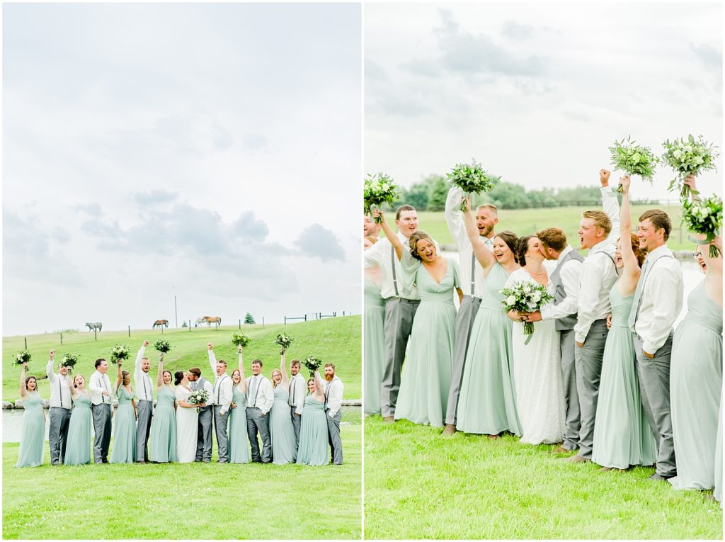 Princeton backyard wedding bride and groom kiss in the middle of big wedding party in horse field