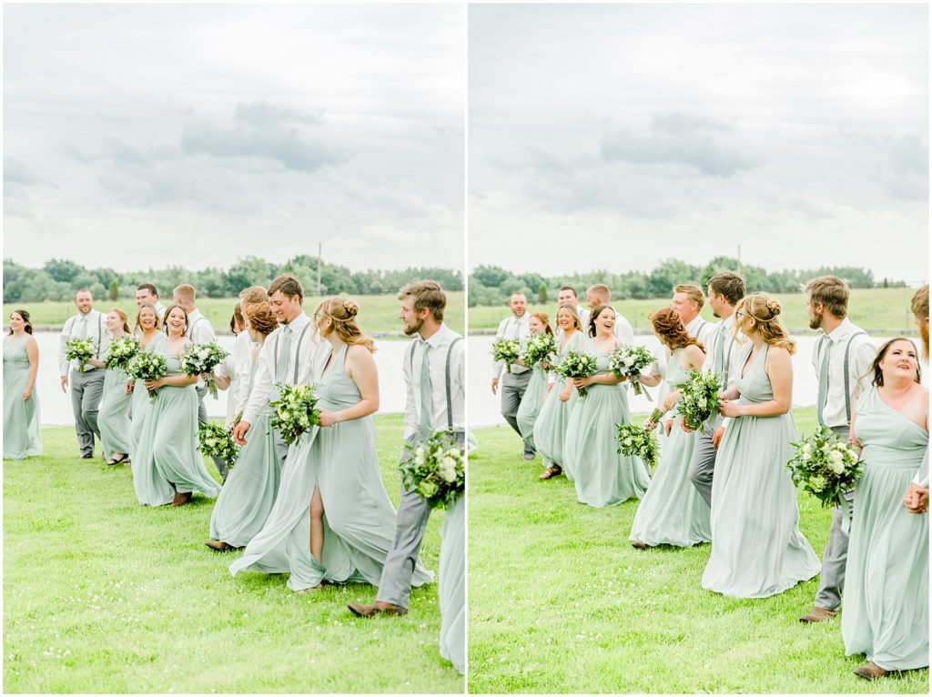 Princeton backyard wedding party walking together in horse field