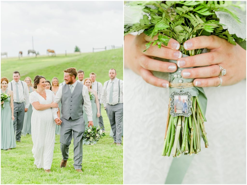 Princeton backyard wedding bride and groom walking in front of wedding party, bride hands and bouquet closeup with memory charm