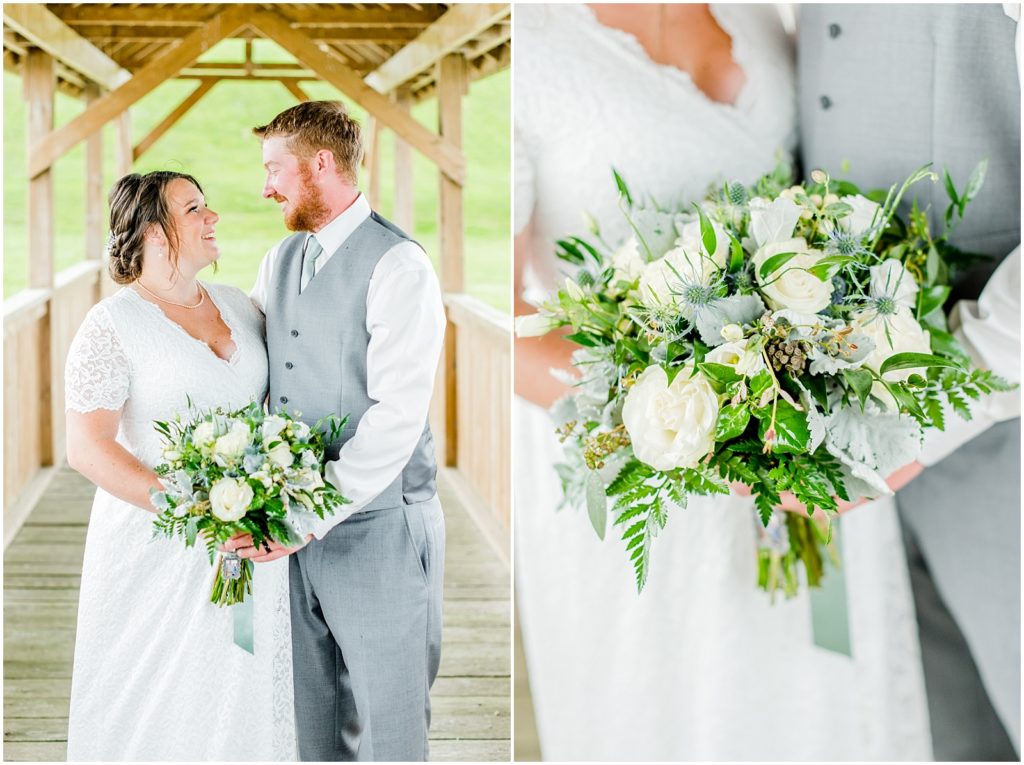 Princeton backyard wedding bride and groom laugh together on covered country bridge