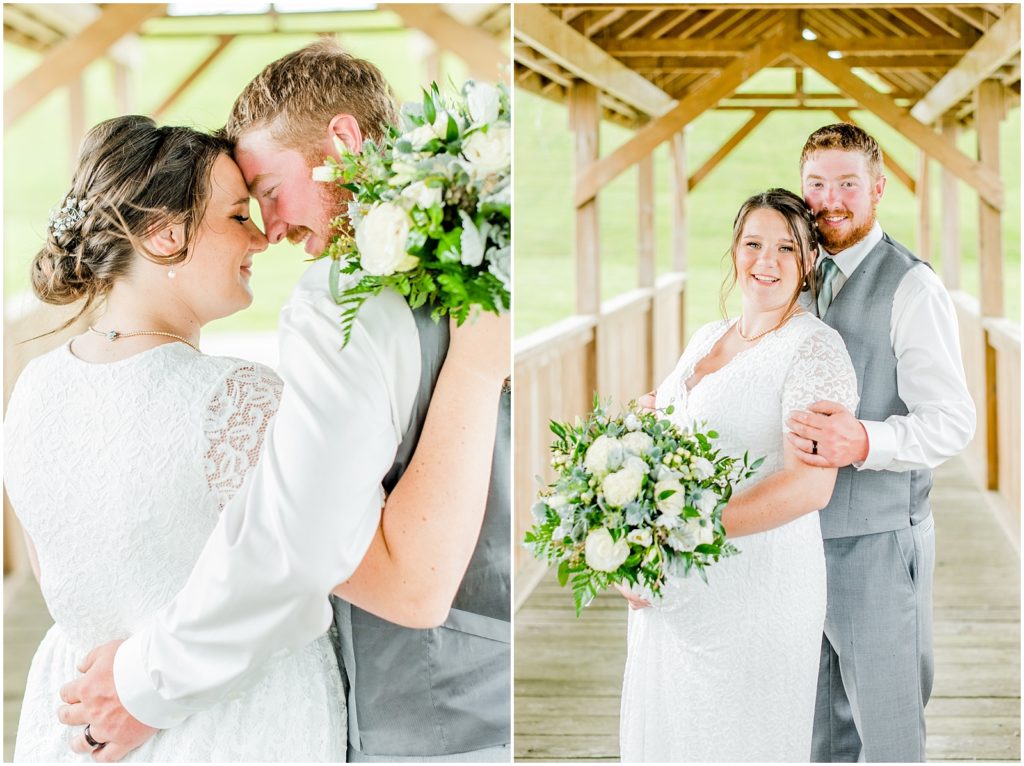 Princeton backyard wedding bride and groom hug and laugh together on covered country bridge