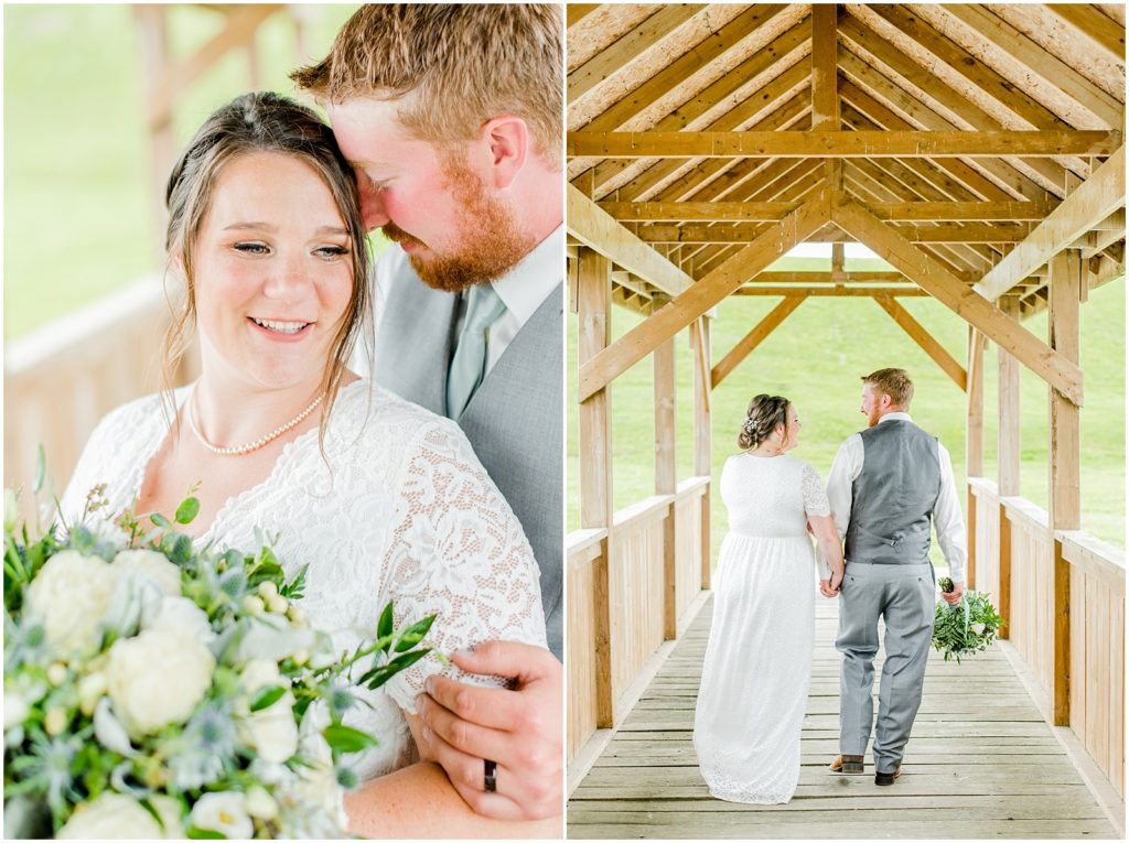 Princeton backyard wedding bride and groom hugging and walking on covered country bridge