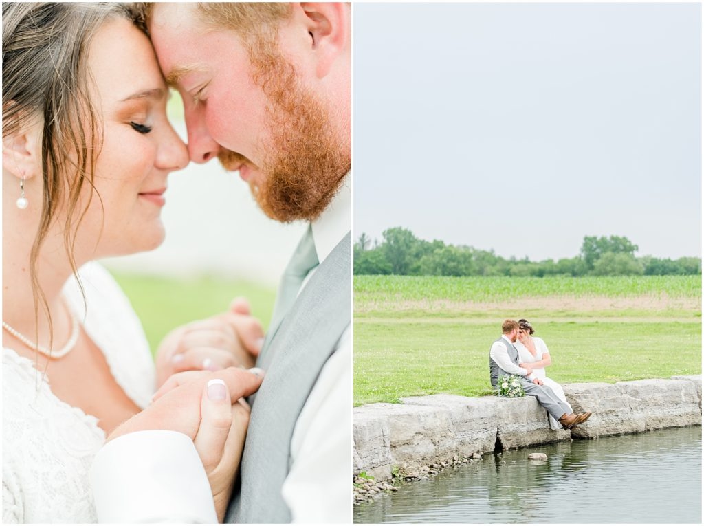 Princeton backyard wedding bride and groom snuggling in field and at the edge of pond