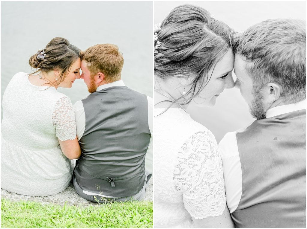 Princeton backyard wedding bride and groom nuzzling at edge of pond