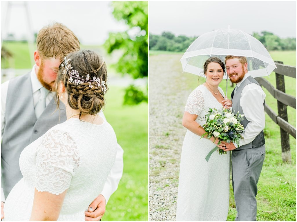 Princeton backyard wedding bride and groom sneaking a kiss and laughing in the rain