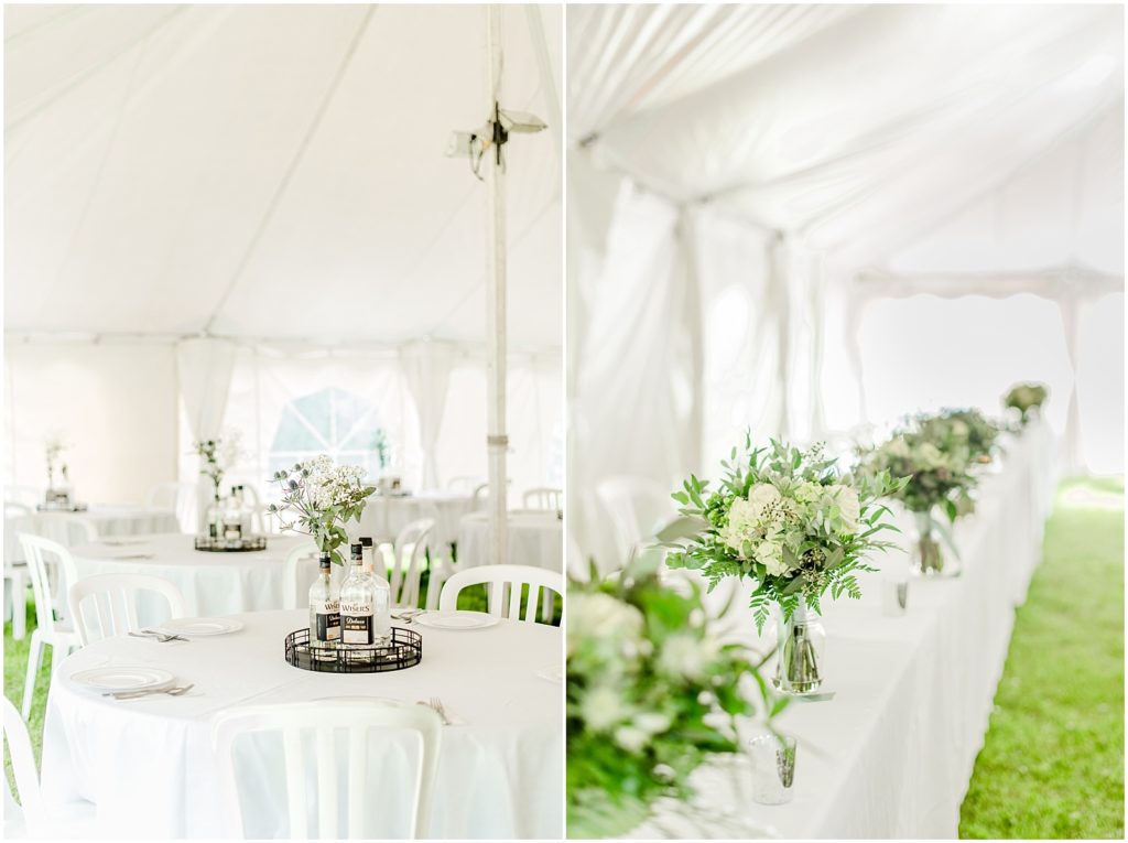 Princeton backyard wedding reception tent setup details on headtable and setup