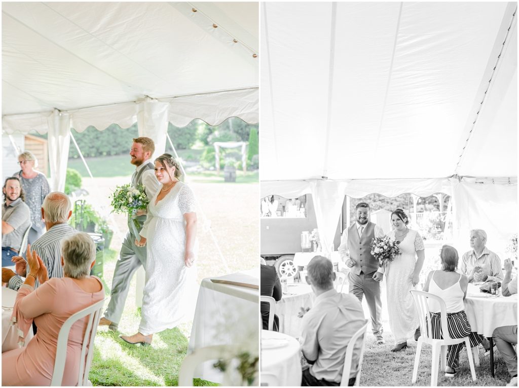 Princeton backyard wedding bride and groom enter reception tent 