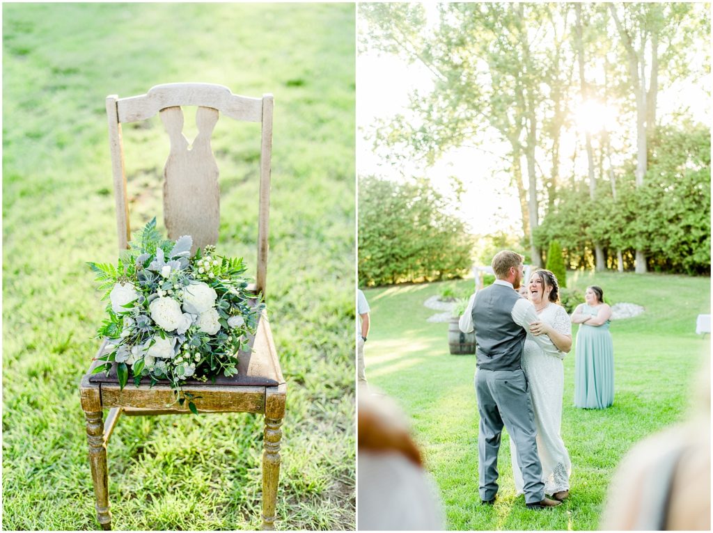 Princeton backyard wedding bouquet on chair and bride and groom's first dance