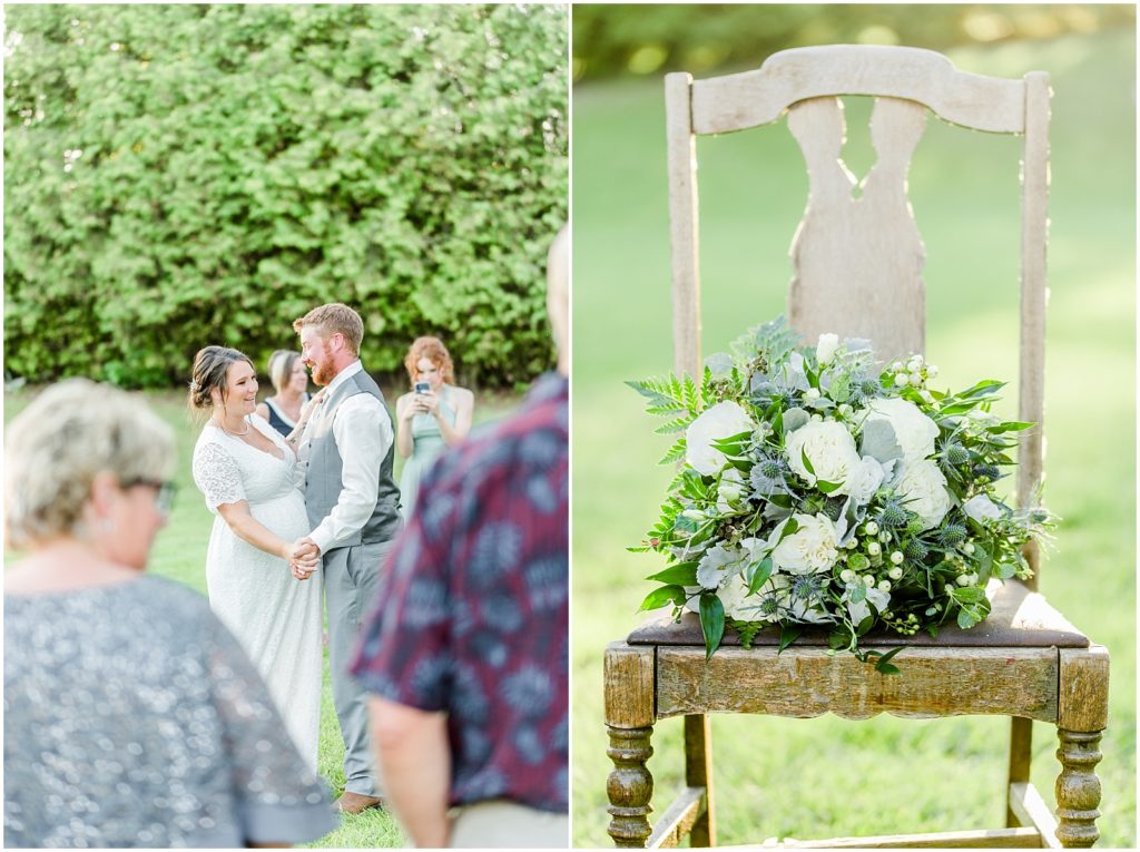 Princeton backyard wedding bride and groom's first dance and detail photo of bridal bouquet