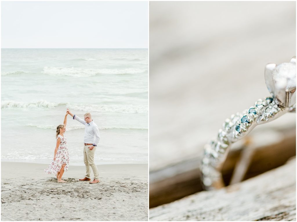 Long Point Engagement Session man twirling his fiancé at the water's edge and a ring detail photo