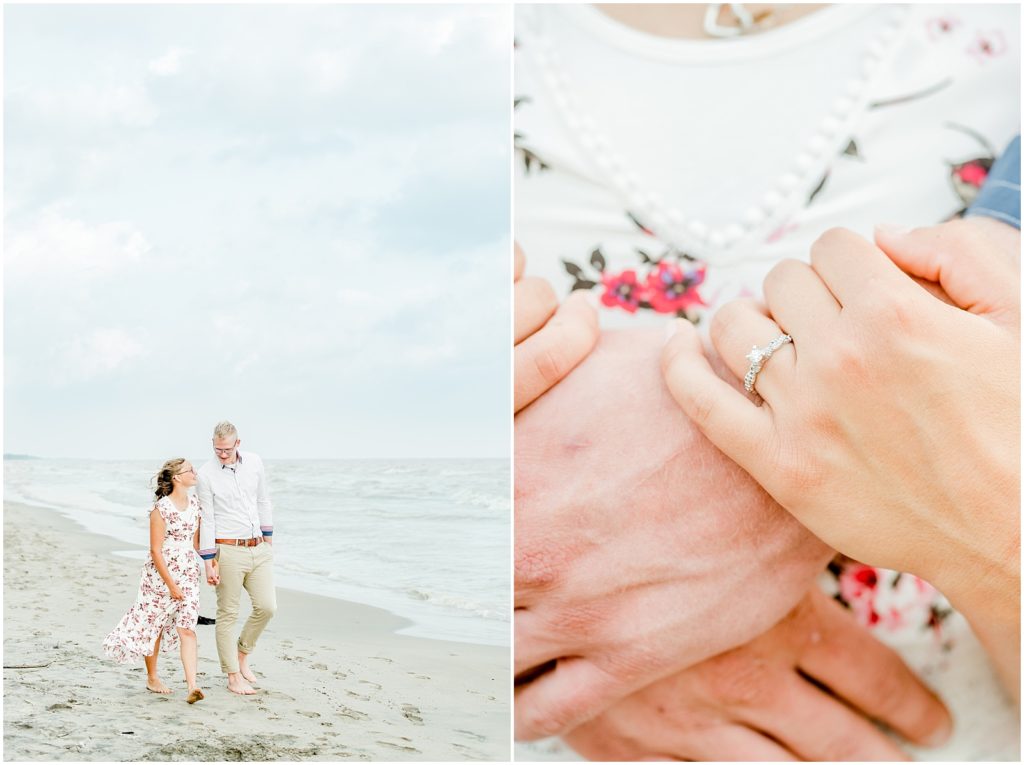 Long Point Engagement Session couple walking on the beach and engagement ring on hand while she's being hugged