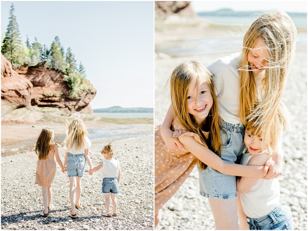 little girls holding hands smiling with beautiful trees and caves in the background