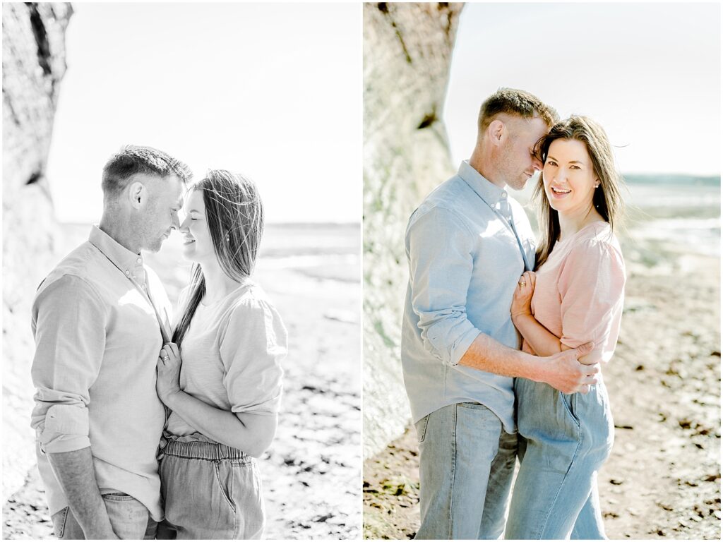 husband and wife embracing each other on the shore 