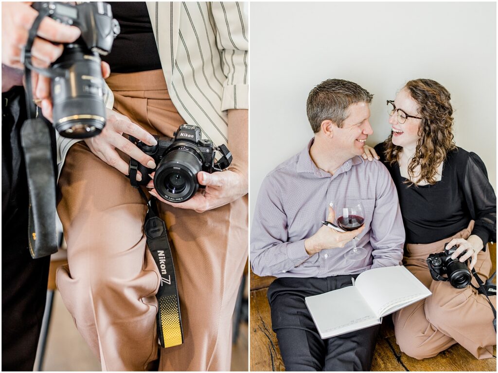 Christian Photography Business Photographers holding and posing with wine and Nikon mirrorless camera