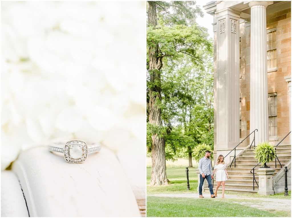 Couple walking in front of steps at Ruthven Park and ring detail shot