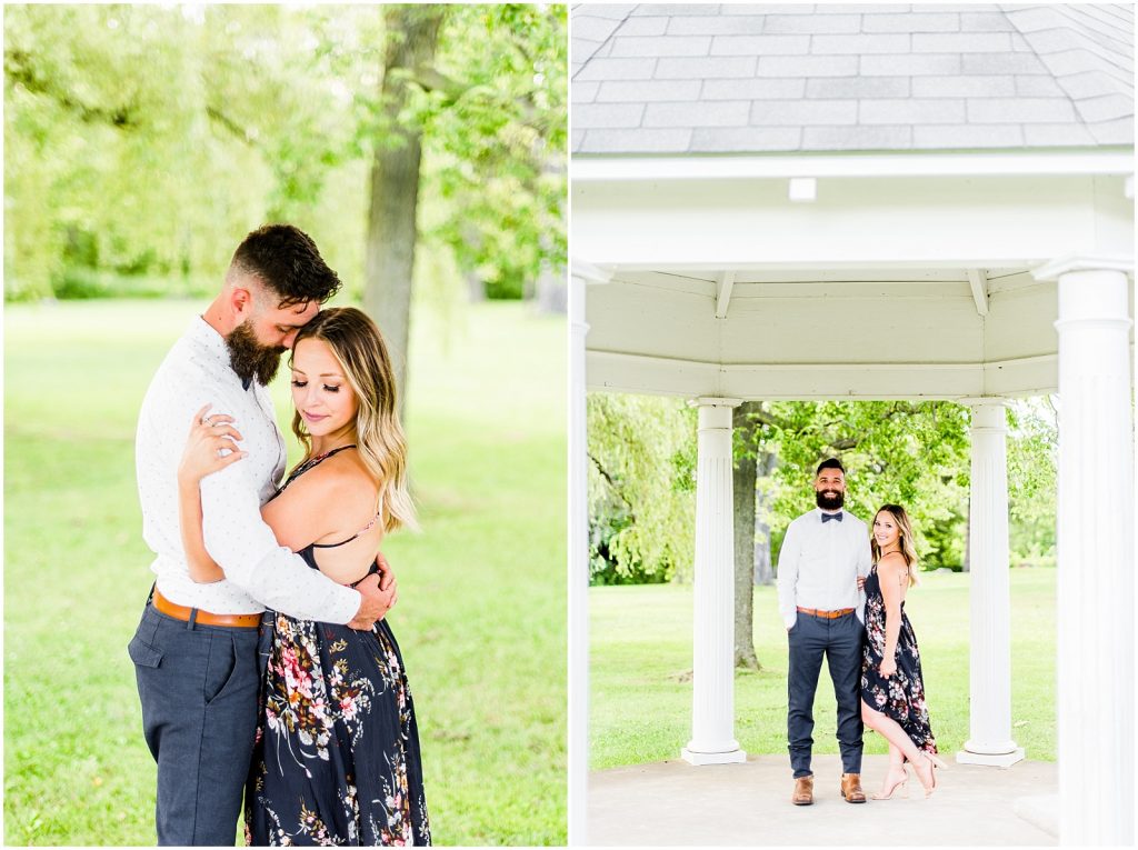Couple hugging and standing under gazebo at Ruthven Park