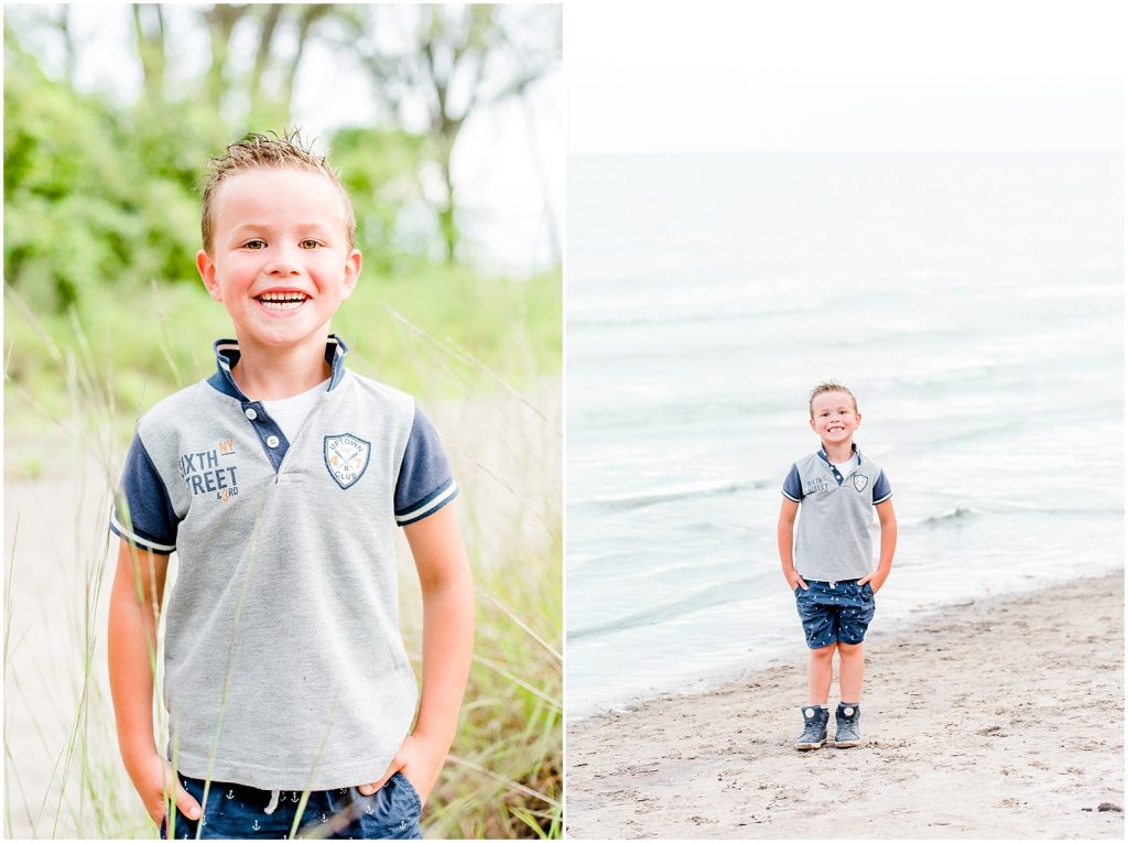 lake erie long point beach family session boy standing by water