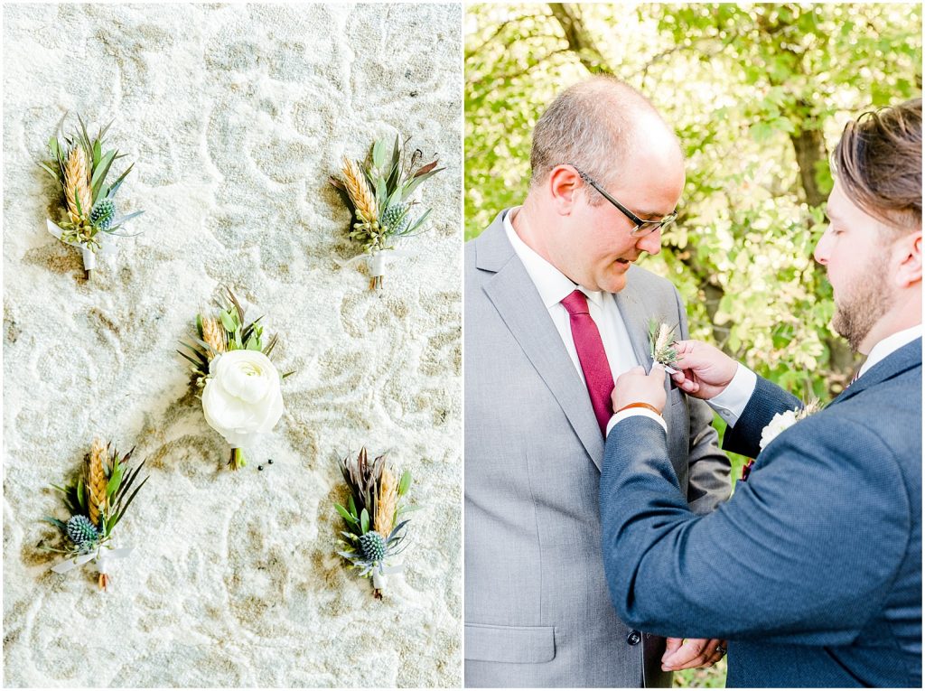 St. Mary's Countryside Wedding groom putting corsage on groomsman corsage details