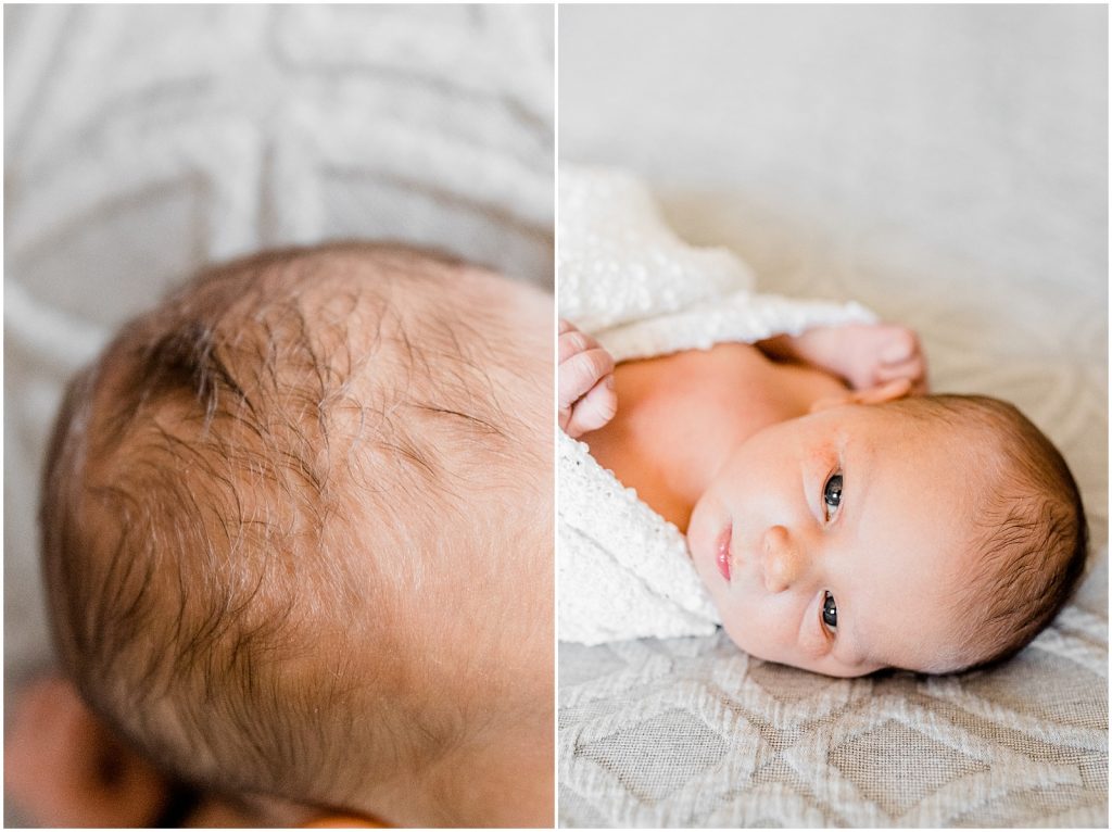 ancaster hamilton lifestyle newborn session baby on bed eyes open