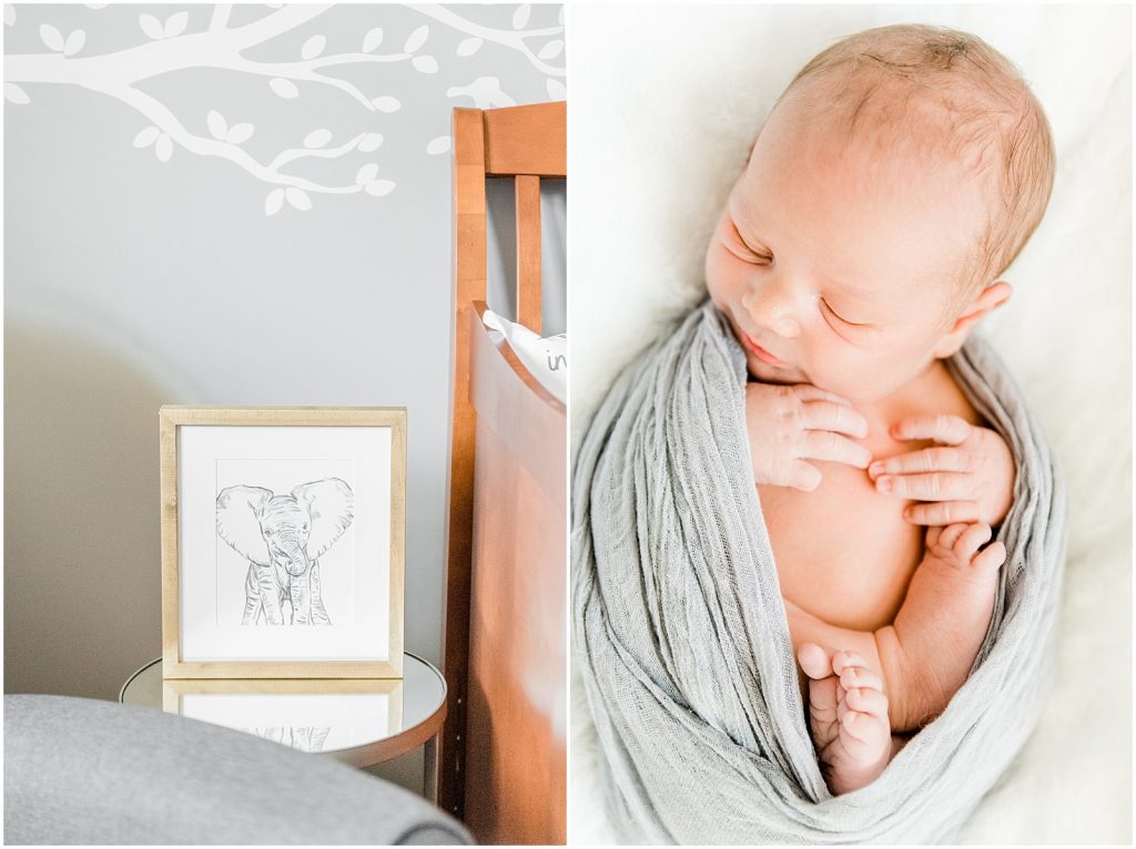 ancaster hamilton lifestyle newborn session baby in wrap with nursery detail