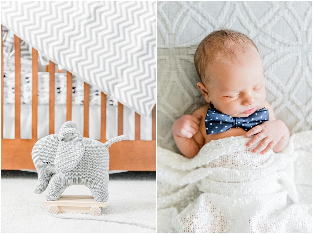 ancaster hamilton lifestyle newborn session baby wearing bowtie on bed with nursery detail