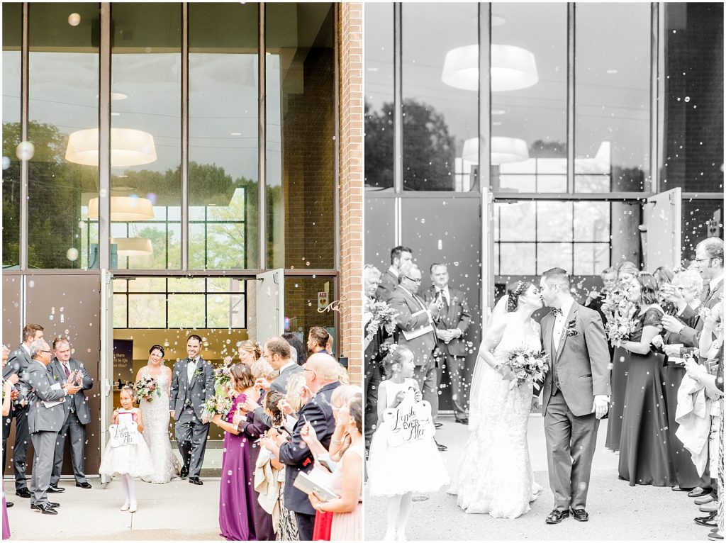 firerock golf course wedding bride and groom in front of church bubbles