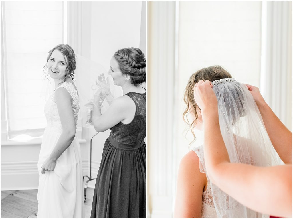 oxford country countryside wedding bridesmaid putting veil on bride