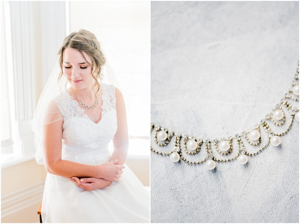 oxford country countryside wedding bride on stool and necklace detail photo