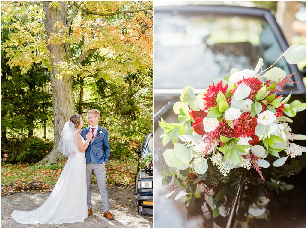 oxford country countryside wedding bride and groomwith oldie car at Norwich Museum