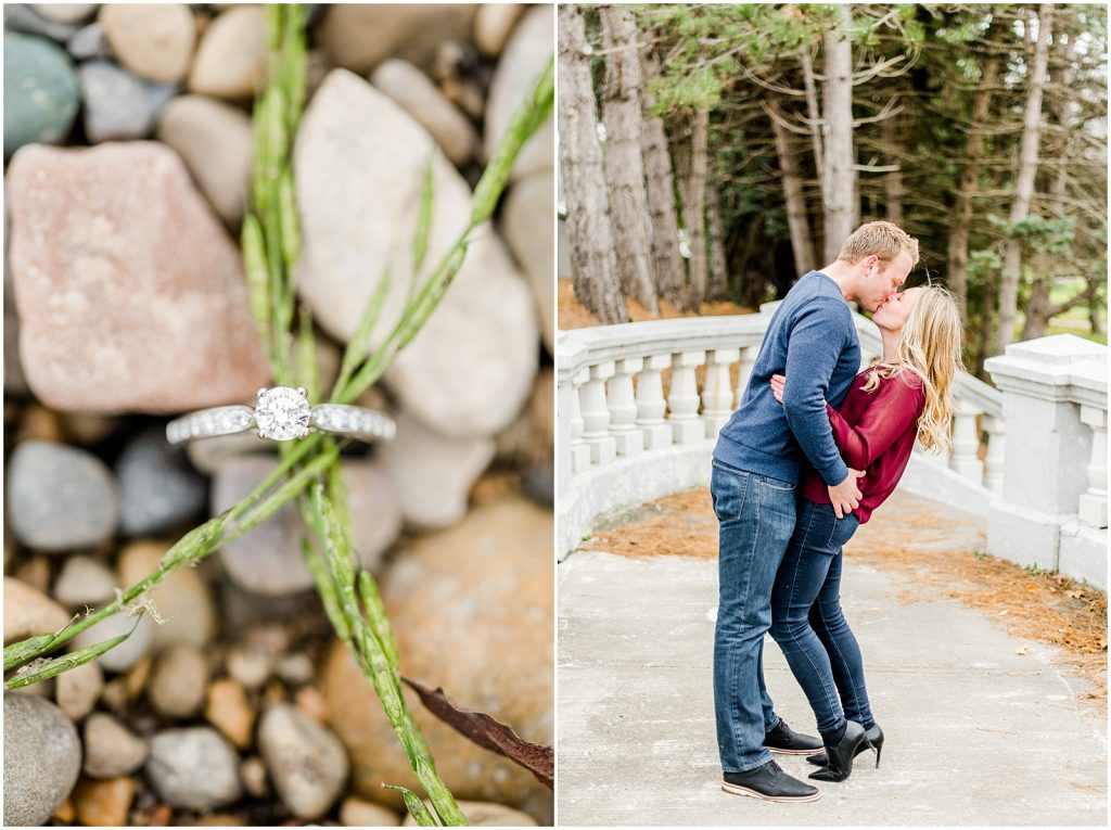 Lorne Park Brantford Grand River Engagement Session couple dip kissing and ring detail