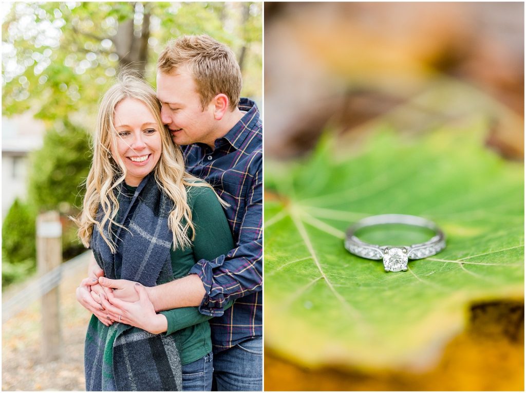 Lorne Park Brantford Engagement Session couple snuggling and ring detail in the fall leaves