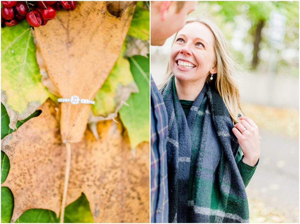 Lorne Park Brantford Engagement Session couple snuggling and ring detail in the fall leaves