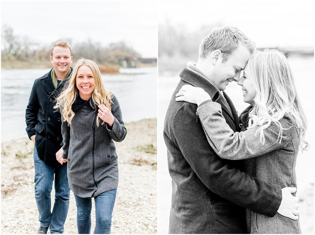Lorne Park Brantford Engagement Session couple walking by Grand River