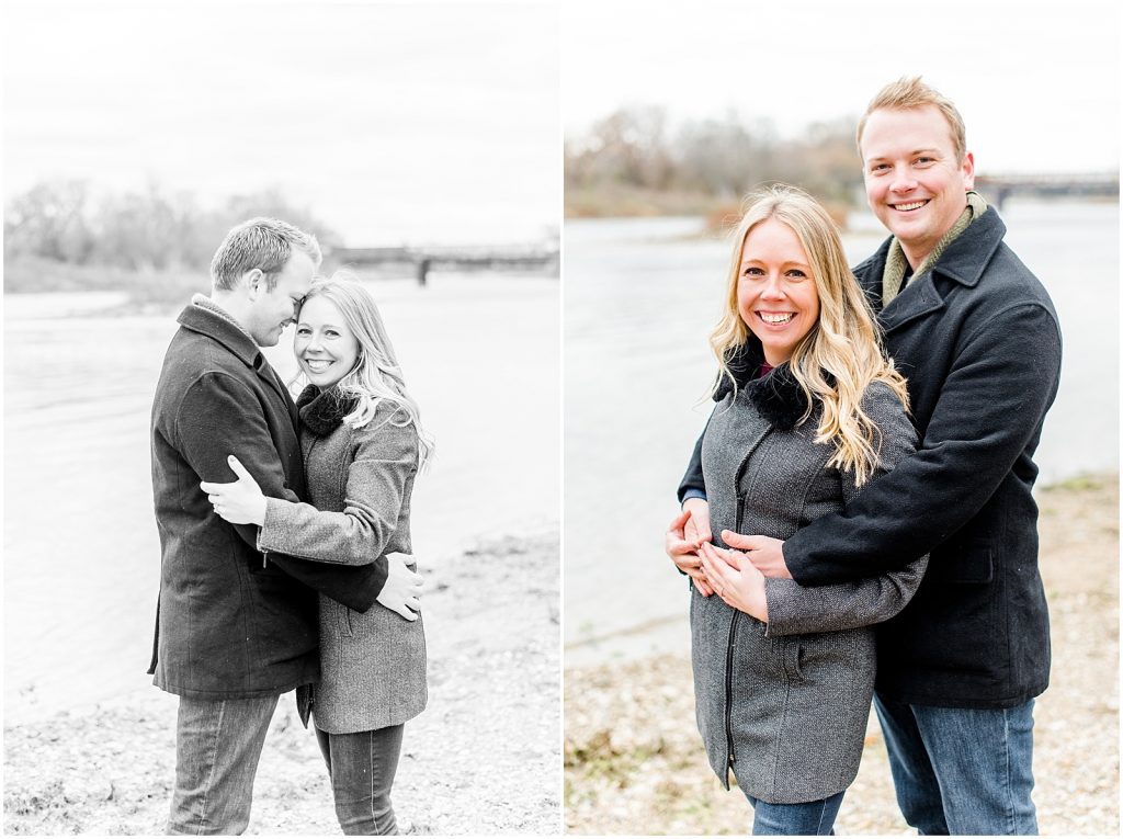 Lorne Park Brantford Engagement Session couple hugging by the Grand River