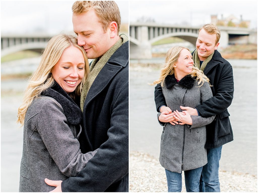 Lorne Park Brantford Engagement Session couple hugging by the grand river