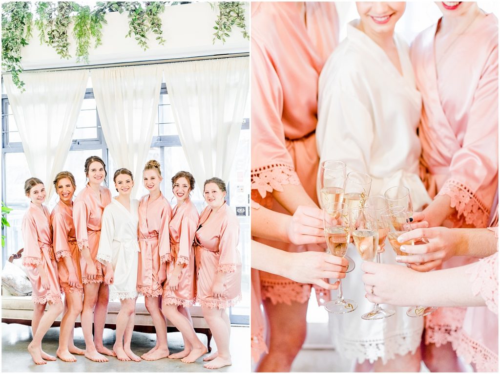 primp and proper salon vancouver wedding bride and bridesmaids in robes champagne in glasses