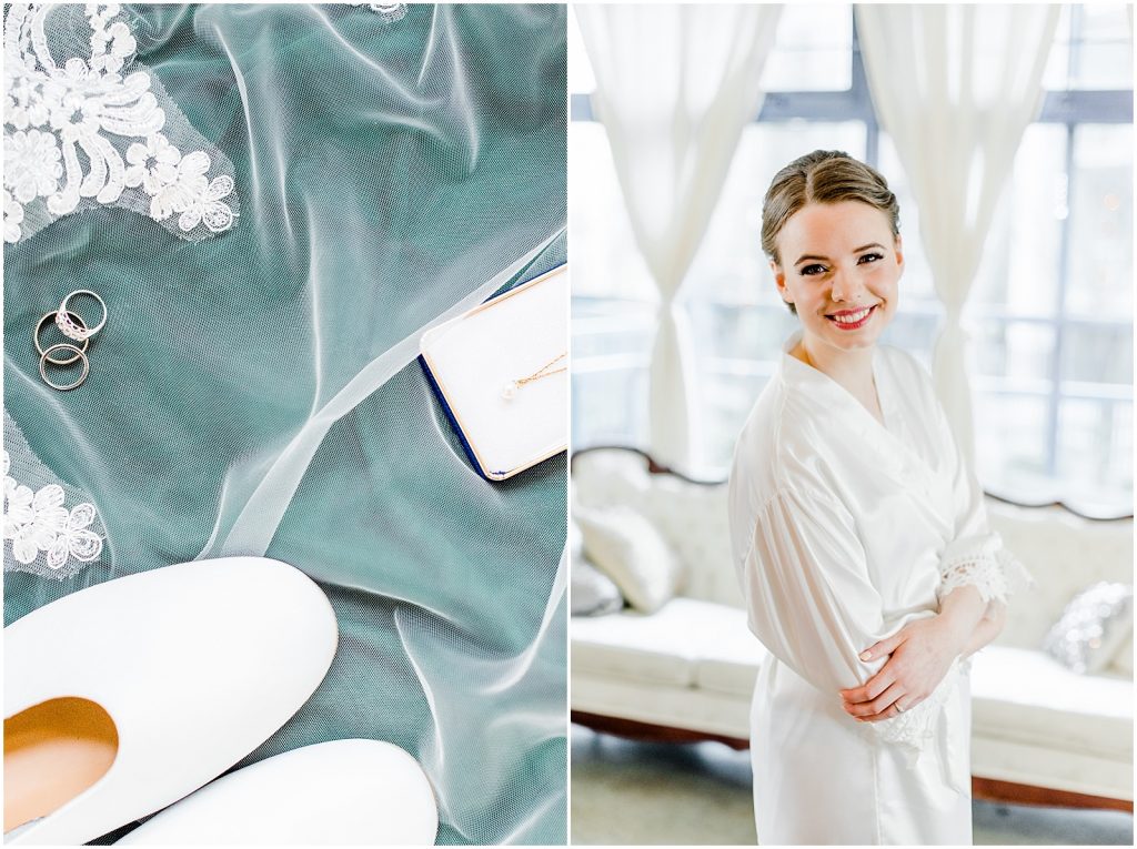primp and proper salon vancouver wedding bride in robe shoe and jewelry details